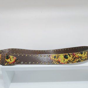 Men's Elite Ed Hardy Brown & Yellow Studded Leather Belt Size Medium. Preowned